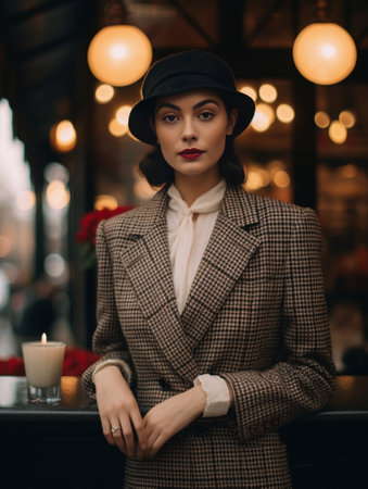 Charming brunette girl in vintage suit with phone in her hands sits in outdoor cafe waiting for waiter to make an order Pretty young woman in french outfit came to the op : Generative AIの素材