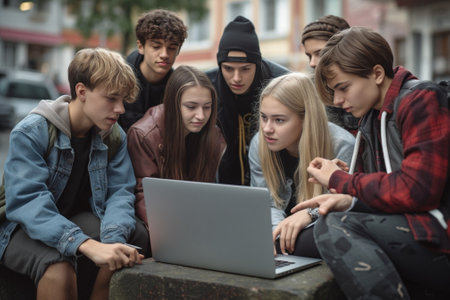 Pretty blonde girl with serious face expression listening music in headphones with asian friend holding laptop Stylish students relaxing after exams enjoying music togeth : Generative AIの素材