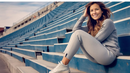 Smiling romantic girl in black sneakers sitting at stadium Outdoor shot of european gorgeous woman chilling before training : Generative AIの素材