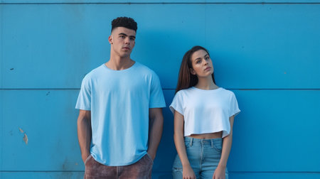 Young couple of teenagers having fun on blue background in studio They wear Tshirts jeans shorts hold skateboards : Generative AIの素材