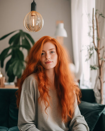 Wonderful young lady with red hair smiling to camera Indoor photo of glad caucasian girl sitting at home : Generative AIの素材