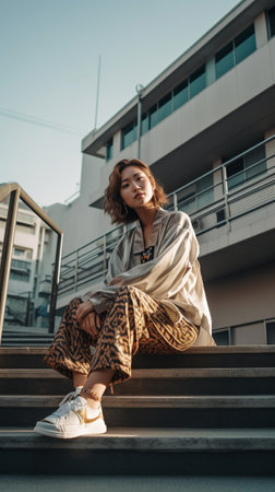 Fashion portrait of young lady sitting on stairs outdoors Gorgeous foxy girl wearing light pants shirt and white sneakers posing against columns in city : Generative AIの素材