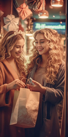 Cute caucasian girl with long curly hair posing with kissing face expression holding big gift Relaxed young woman making selfie with friend on dark background during chri : Generative AIの素材