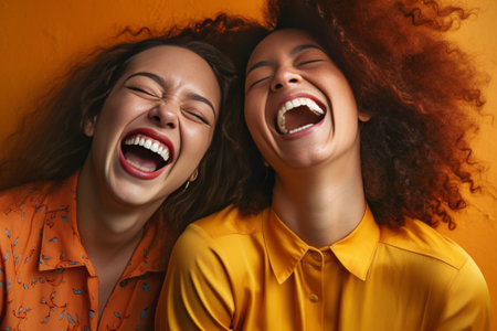 Laughing girls in highwaisted jeans play hair Women in high spirits move and have fun in orange studio : Generative AIの素材