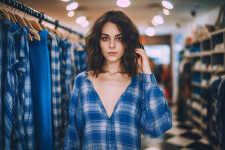 Brunette girl in blue shirt standing near a mannequin in a workshop studio She creates a blue dress She is smiling at the camera : Generative AIの素材