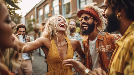 Slim blonde woman with lightlytanned skin dancing during outdoor photoshot with friends Black man with african hairstyle waving hand drinking wine on the street : Generative AIの素材