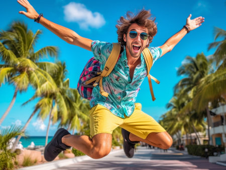 Positive man with diving mask on his head takes pictures with retro camera Guy in shorts and green shirt jumping with suitcase on orange background : Generative AIの素材