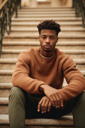 Stylish young african guy posing for camera sitting outdoors in city Brunette man with stubble wears casual clothes Relaxation concept : Generative AIの素材