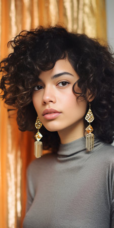 Young beautiful brown girl with short curly hairstyle on gray background Wearing casual clothes gray cardigan knitted jacket shirt long stylish necklace with triangle : Generative AIの素材