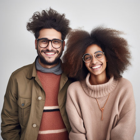two african american friends show peace sign on pink studio background guy and girl with dark afro hair are smiling at camera dressed in casual lightcolored clothes : Generative AIの素材