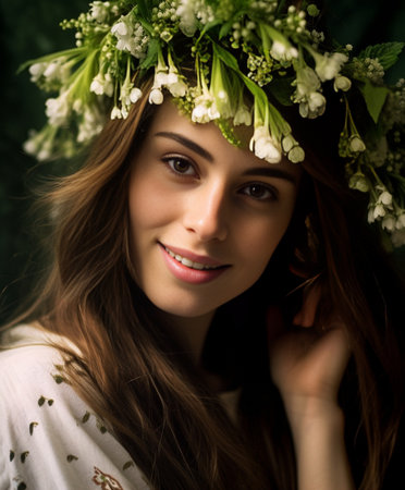 Closeup portrait of young lady with freckles and chiffon scarf on her head posing with white flowers in her hair : Generative AIの素材