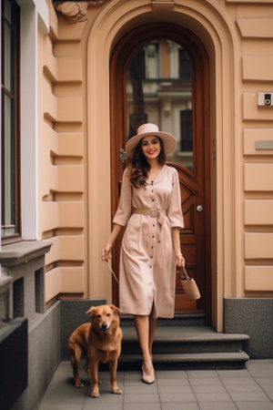 Fulllength portrait of romantic young lady with summer hat holding dog Stunning redhaired girl in long skirt posing with french bulldog : Generative AIの素材