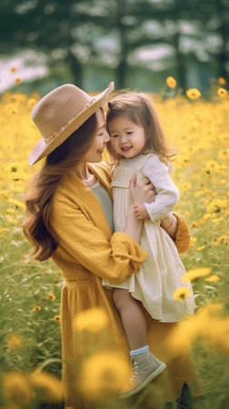 Young woman enjoying sunny day with daughter Outdoor shot of mother and child posing on nature background with smile : Generative AIの素材