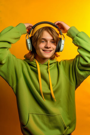 Woman in yellow sweater and headphones looks suspiciously into camera : Generative AIの素材