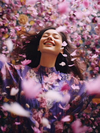 Excited girl in cute purple dress dancing with smile on pink background Indoor portrait of blissful european young woman in wreath of spring flowers : Generative AIの素材