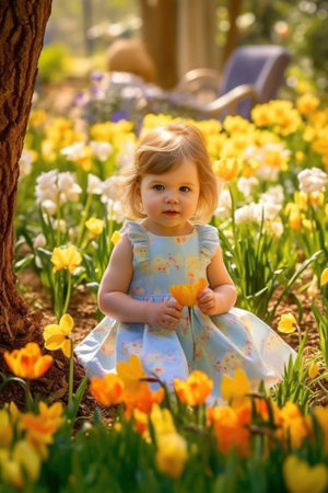 Blissful child sniffing orange flowers Outdoor photo of carefree little girl sitting beside flowerbed : Generative AIの素材