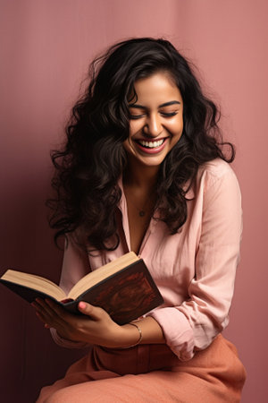 Joyful darkhaired woman laughs while reading book Portrait of darkhaired girl in light sweater on pink background : Generative AIの素材