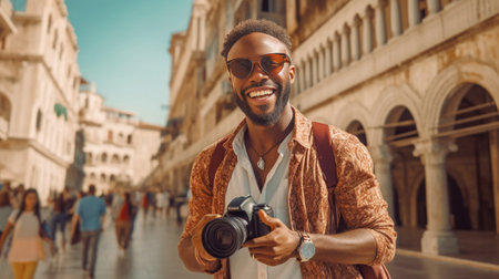 Curious african man in hat looking at camera Outdoor portrait of black male photographer standing near beautiful building : Generative AIの素材