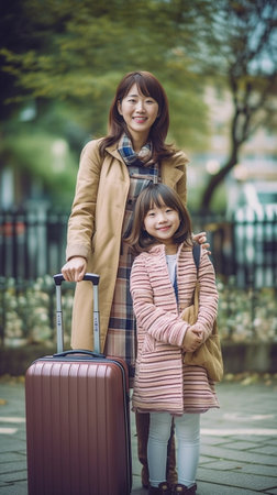 Adorable cute girl with school bag looking away standing beside mother with retro camera Outdoor portrait of slim curly woman photographer walking with daughter after pho : Generative AIの素材