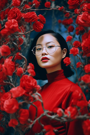 Lady in glasses and massive earrings makes selfie Asian girl dressed in red knitted sweater posing against background of plants in room : Generative AIの素材