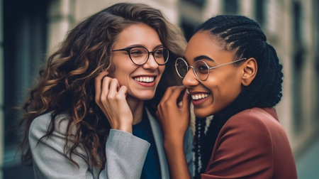 African curly girl with big headphones posing beside charming blonde colleage in glasses Black young woman and her lovely female friend enjoying friendly atmosphere in of : Generative AIの素材