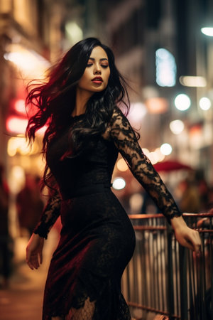 Closeup portrait of effective girl on street She wears black dress vinous lips She keeps long hair in hand and expresses to side : Generative AIの素材