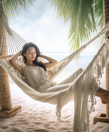 Beautiful barefooted girl sleeping in hammock at beach early in evening Outdoor portrait of graceful pale woman relaxing at summer resort with sunset on background : Generative AIの素材