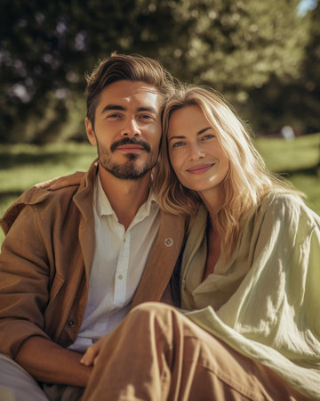 Adorable european female model embracing husband sitting on his back Outdoor portrait of happy married couple resting in park together in morning and laughing : Generative AIの素材