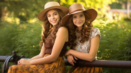 Closeup portrait of two attractive blond and brunette girls with long hair posing to the camera in park They wear summer clothes hats and sunglasses They are smiling to t : Generative AIの素材