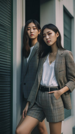 Charming woman in stylish beige trench coat holds retro camera Brunette girl in checkered skirt and black top leans on wall outside : Generative AIの素材