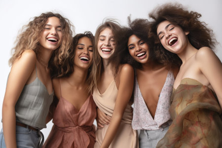 Cheerful attractive girls rejoice and laugh at photo shoot Portrait of pretty models with curly hair posing in studio on floor : Generative AIの素材