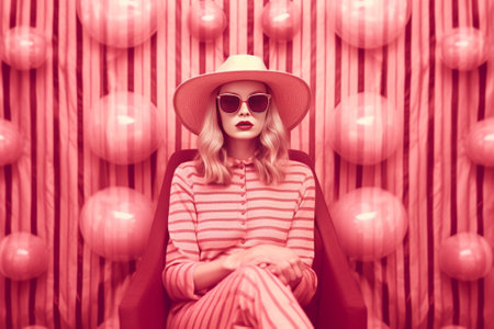 Cute white girl in pink glasses expressing happiness during summer photoshoot Outdoor portrait of emotional young woman in striped dress and straw hat : Generative AIの素材