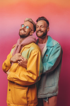 Excited bearded cheerful guys in orange jacket and pink hoodie rejoice have fun and clink beer bottles on blue background : Generative AIの素材
