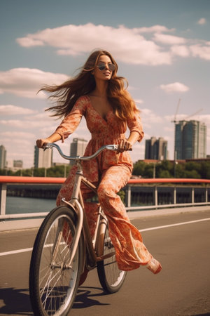 Charming tanned girl dancing near red bicycle Outdoor photo of laughing jocund woman in hat and white skirt : Generative AIの素材