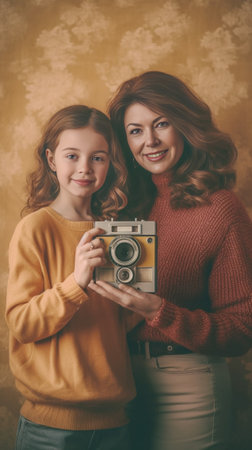 Adorable cute girl with school bag looking away standing beside mother with retro camera Outdoor portrait of slim curly woman photographer walking with daughter after pho : Generative AIの素材