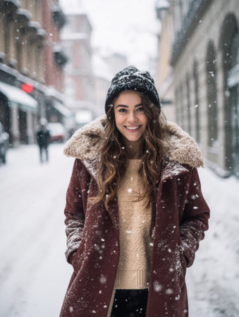 Stylish lady with brown backpack walking around city under snowfall Outdoor photo of pretty girl with charming smile posing in gray coat on urban background in winter day : Generative AIの素材