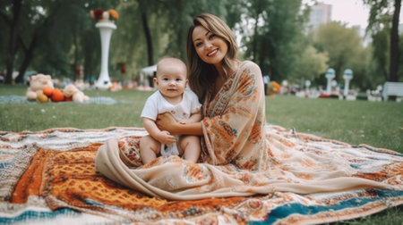 Graceful woman in white dress sitting on blanket in park while her cute daughter dancing behind her back Outdoor portrait of two joyful sisters having fun after picnic : Generative AIの素材