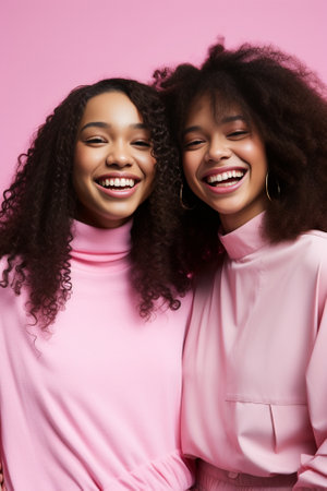 Excited slim girl with african hairstyle embracing asian female friend in trendy colorful sunglasses Pretty european lady in jeans hugs black young woman in pink shirt : Generative AIの素材