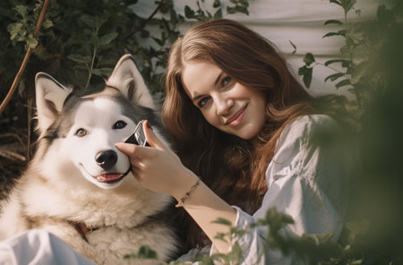 Girl with gray eyes and charming smile lies on soft sofa and making selfie with her pet Indoor photo from above of brunette lady relaxing with funny beagle dog : Generative AIの素材