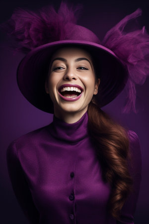 Amazing girl in long knitted scarf screaming with eyes closed Magnificent european lady in stylish winter clothes posing on purple background in studio : Generative AIの素材