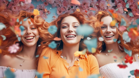 Closeup portrait of ecstatic white girls having fun together Place for text Curly young ladies with flowers in hair chilling during photoshoot on blue background : Generative AIの素材