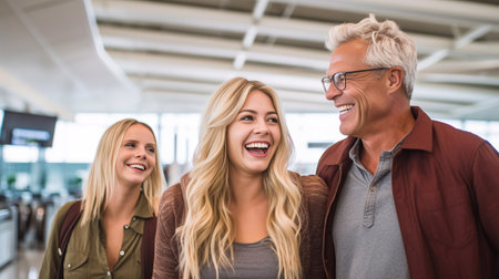 Cool travelers couple blows kiss Blonde woman in plaid shirt and man in white tee holds backpacks and poses in good mood near airport : Generative AIの素材