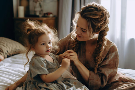 Child in crown and warm jacket sits on bed while mother shows her that it is time to sleep : Generative AIの素材