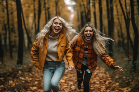 Carefree girl in brown hat embracing her sister Outdoor photo of happy ladies spending autumn weekend together : Generative AIの素材