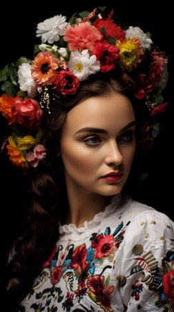 Chilling white girl with roses in hairstyle looking to camera Indoor shot of magnificent shorthaired lady in wreath of flowers : Generative AIの素材