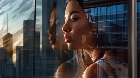 Closeup profile photo of young darkhaired asian woman against blurred city background Girl in sunglasses calmly looks at her reflection in panoramic window Beauty and you : Generative AIの素材