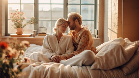 Gorgeous blonde woman sitting on husbands knees Indoor shot of positive married couple having fun in morning : Generative AIの素材
