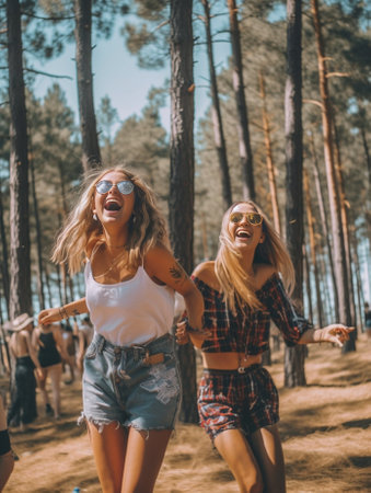 Happy two young caucasian girls in good mood laugh walk in park summer Women wear casual clothes sunglasses Lifestyle concept sincere emotions : Generative AIの素材