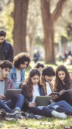 Happy young interracial students use laptop and tablet preparing for their lessons outdoors Brunette guy and girls wear casual clothes in summer Technology concept : Generative AIの素材