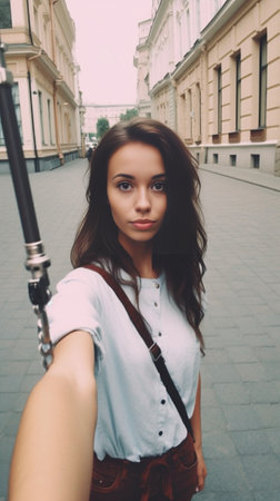 Fulllength photo of pretty girl with long hair making selfieportrait on phone in city She student has vinous color on clothes and looks enjoyed : Generative AIの素材